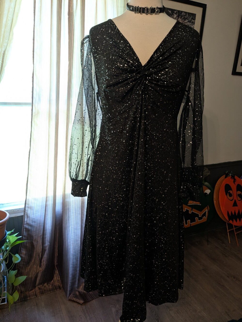 Black Sparkle Mesh- Sheer Sleeve Midi Dress